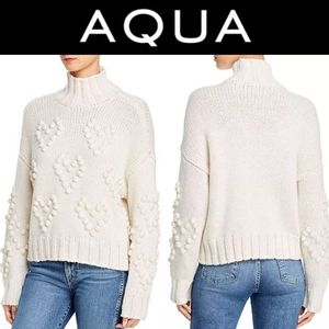 Aqua Women Ivory Turtleneck Heart Popcorn Knit Drop-shoulder Sweater